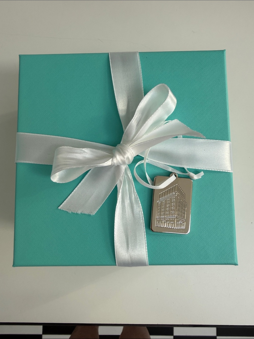 Tiffany Blue 6" Square Gift Storage Box White Ribbon Silver Tiffany Charm